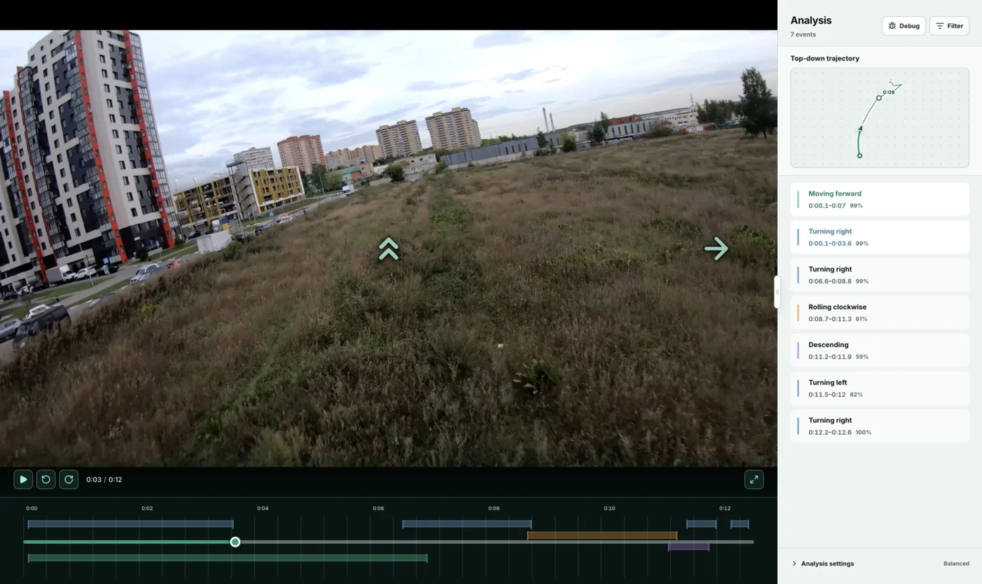 MotionVector Studio showing a video motion timeline, camera trajectory, movement events, and analysis controls